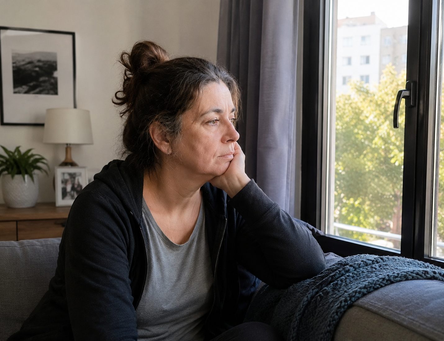 Mujer junto a una ventana con una taza entre las manos, luz cálida de la mañana, expresión serena y de respiro