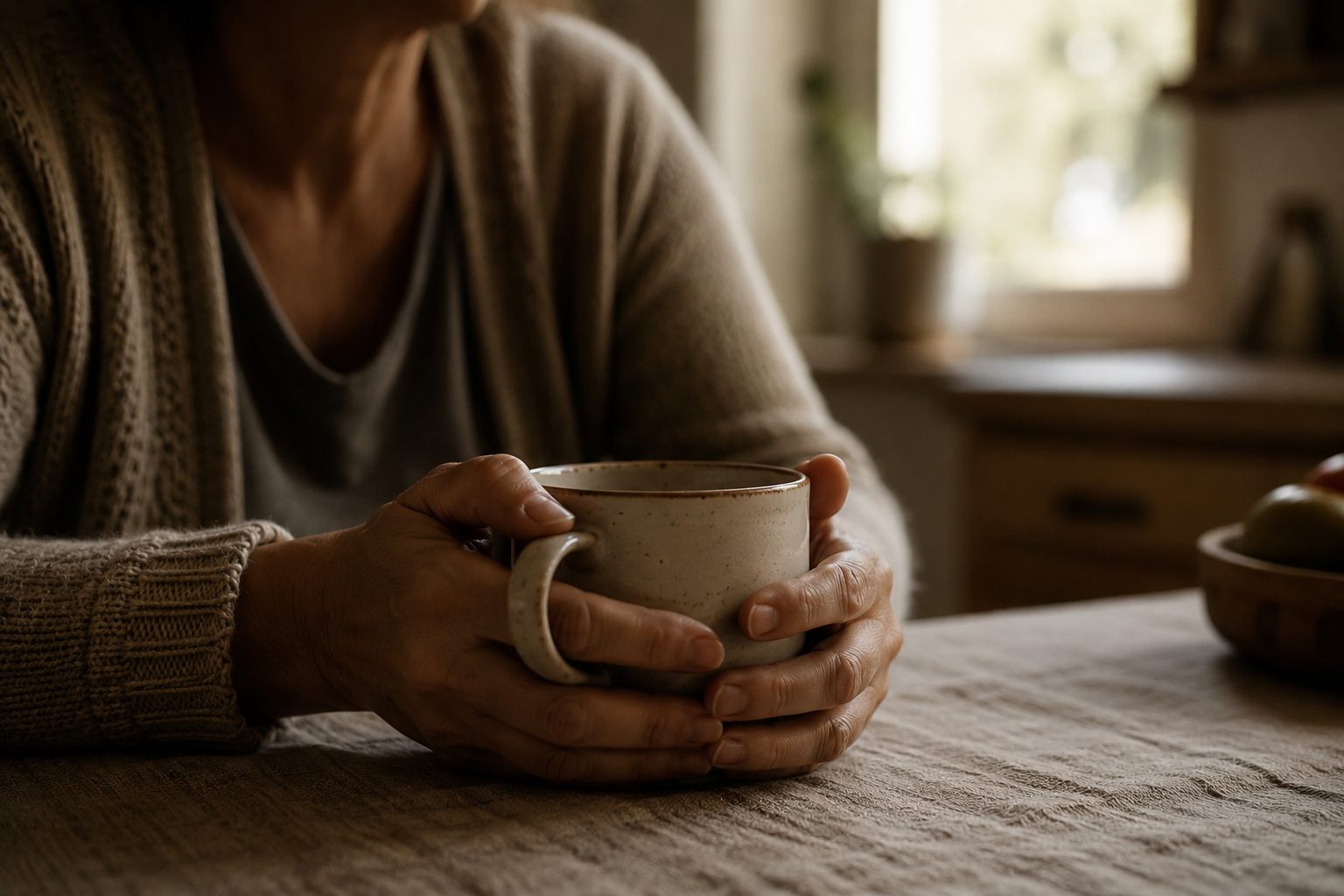 Unas manos sosteniendo una taza caliente, gesto de pausa y descanso, luz cálida